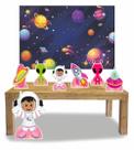 Kit Display de chão totens Astronauta Menina 01 7 Pçs + Painel 150x100cm