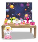 Kit Display de chão totens Astronauta Menina 03 7 Pçs + Painel 150x100cm