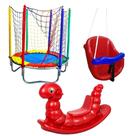 Kit Diversão Infantil Cama Elástica 1,40m, Balanço Baby Vermelho e Gangorra Minhoca