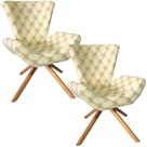 Kit Duas Poltronas Elegance Base Giratória Ferro e Madeira Jacquard Capitonê Bege