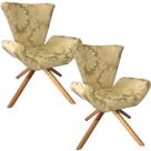 Kit Duas Poltronas Elegance Base Giratória Ferro e Madeira Jacquard Dourado