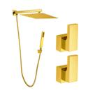 Kit Ducha Quadrada 20x20 Slim com desviador + Acabamento para Registro base deca Alavanca Até 1'' pol Dourado Brilhante