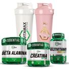 Kit Duplo 2x Coqueteleira + Creatina Pura 100g + Beta Alanina 200g + Multivitamínico Vitamax