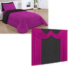 kit Edredom fabuloso solteiro dupla face Pink Preto com Cortina de 2m