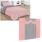 Kit Edredom Solteiro Dupla Face Rosa Cinza com Cortina de 2m