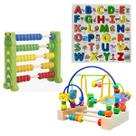 Kit Educativo 3 Brinquedos de Madeira, Aramado Montanha Russa, Ábaco e Tabuleiro Alfabeto
