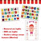 Kit Educativo Infantil Ingles Portugues Quebra cabeça Corpo humano menina Alfabeto e Numeral Encaixe