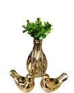 Kit Enfeite Para Rack Vasinho Passarinhos Planta Decoração Dourado