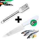 Kit Escamador de Peixe Com Faca De Cozinha Inox Peixeira Cabo Branco 6'