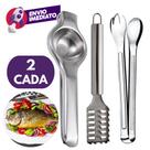 Kit Escamador Descamador Peixe E Pegador Para Salada E Espremedor Amassador Limão Inox Kit Escamador Descamador Peixe E Pegador Para Salada E Espremedor Amassador Limão Inox