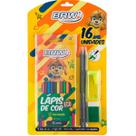 Kit Escolar 16 pçs Lápis, Lápis de Cor, Apontador, Borracha