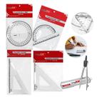 Kit Escolar 5 Peças com Transferidor Esquadro e Compasso Ideal para uso escolar Matemática geometria desenho técnico