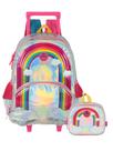Kit Escolar Arco-Íris Mochila Costas Rodas + Lancheira