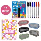 Kit Escolar com 17 Itens Caneta Estojo Caderno Conjunto Aula Colorido Lápis Borracha Apontador Cola