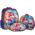 Kit Escolar Efeito 3D Mochila Lancheira Merendeira Estojo Super Mario Bros Jogos Infantil Criança Menino Masculina Azul