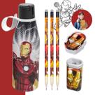 Kit Escolar Homem de Ferro Vingadores Lápis Borracha Apontador + Copo 530ml Plasútil Infantil Ensino Fundamental 6pc