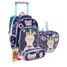 Kit Escolar Infantil Mochila de Rodinhas Lancheira Estojo Lápis de Cor Borracha Apontador Menina Criança Aula Material