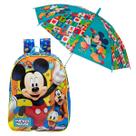 Kit Escolar Mickey Mochila 362714 cm com Estampa PVC, Alças Acolchoadas e Zíper Duplo e GuardaChuva Automático Praticidade Diária