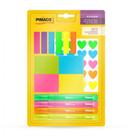 Kit Escolar Neon Pimaco - Bloco Adesivo + Marca-Páginas + Marca-Texto + Etiquetas Coração