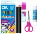 Kit Escolar Rosa Completo com 12 Lápis de Cor e 8 Peças para Atividades Escolares Infantil CIS