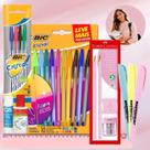 Kit Escolar Voltas Aulas 24 Itens Caneta Lápis Borracha Apontador Marca Texto Rosa Pastel Ensino Médio e Fundamental