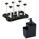 Kit Escorredor de Copos Flor e Porta Detergente Bucha Preto C12