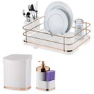 Kit Escorredor de Louça Lixeira 2,5L Dispenser Pia Cozinha Branco Rose Gold - Future