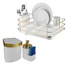 Kit Escorredor De Louça Talheres Lixeira 2,5L Dispenser Porta Detergente Cozinha Branco Dourado - Future
