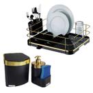Kit Escorredor De Louça Talheres Lixeira 2,5L Dispenser Porta Detergente Cozinha Preto Dourado - Future