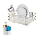 Kit Escorredor De Louças Dispenser Porta Detergente Líquido Esponja Pia Cozinha Branco Dourado - Future