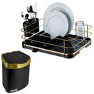 Kit Escorredor De Louças Lixeira 2,5L De Pia Cozinha Preto Dourado - Future