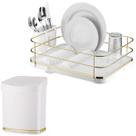 Kit Escorredor De Louças Lixeira 2,5L Tampa Pia Cozinha Branco Dourado - Future