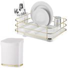 Kit Escorredor De Louças Lixeira 2,5L Tampa Pia Cozinha Branco Dourado - Future
