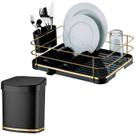 Kit Escorredor De Louças Lixeira 2,5L Tampa Pia Cozinha Preto Dourado - Future