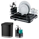 Kit Escorredor Louça Lixeira 2,5L Dispenser Porta Detergente Organizadores Pia Cozinha Preto Cromado - Future