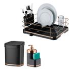 Kit Escorredor Louça Lixeira 2,5L Dispenser Porta Detergente Organizadores Pia Cozinha Preto Rose Gold Cobre - Future