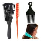 Kit Escova Polvo Cacho + Pente 3 Fileiras Fitagem Ponta Fina + Pente Garfo Black Resistente