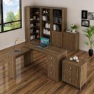 Kit Escritório 6 Peças com Mesa para Escritório em L, Balcão, Gaveteiro, Armário Multiuso Alto e 2 Estantes Nogal