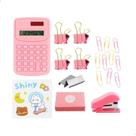 Kit EscritórioEscolar 90 itens com Calculadora Clips Grampeador Rosa Papelaria Fofa