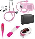 Kit Esfigmomanômetro Esteto Garrote Oxímetro Termômetro - Rosa