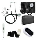 Kit Esfigmomanômetro + Estetoscópio + Termometro Axilar + Garrote Elástano + Oximetro De Alta Precisão Com Alarme Cor:Pr