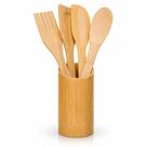 Kit Espátulas de Bambu 5 Peças com Suporte Organizador Utensílios de Cozinha em Bambu Natural Antibacteriano