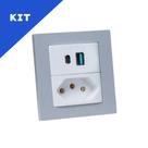 Kit Espelho Duplo Reto com 1 Tomada 10A e 2 USB 9.0A Cinza