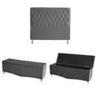 Kit Estrela Cabeceira De Cama Box e Calçadeira Baú Pés Palito Botão Cristal Casal 140 Cm Suede Grafite Do Lar Móveis
