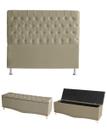Kit Estrela Cabeceira De Cama Box e Calçadeira Baú Pés Palito Botão Cristal Queen 160 Cm Suede Bege Do Lar Móveis