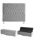 Kit Estrela Cabeceira De Cama Box e Calçadeira Baú Pés Palito Botão Cristal Queen 160 Cm Suede Prata Eli Móveis