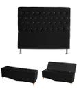 Kit Estrela Cabeceira De Cama Box e Calçadeira Baú Pés Palito Botão Cristal Queen 160 Cm Suede Preto Do Lar Móveis