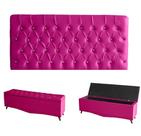 Kit Estrela Cabeceira De Cama Painel e Calçadeira Baú Botão Cristal Queen 160 Cm Suede Rosa Pink Do Lar Móveis e Decora