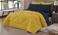 Kit Fabuloso Edredom Casal Queen Dupla Face Azul Marinho Amarelo com 5 peças