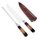 Kit Faca E Chaira Aço Inox Com Cabo De Chifre Madeira 10 Polegadas E Bainha Conjunto Artesanal Gaúcho Para Churrasco CTG Cozinha Profissional